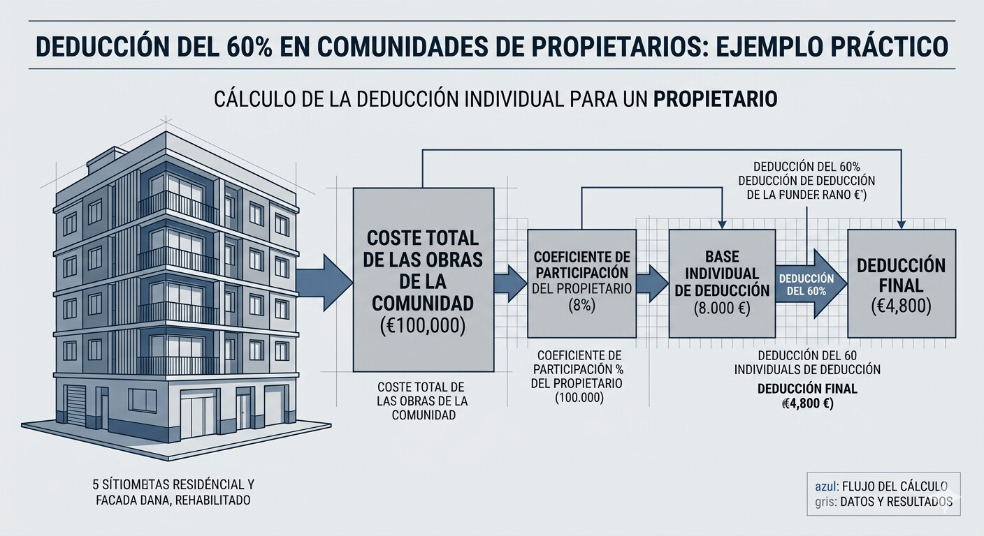 Diagrama del funcionamiento de la deducción del 60% en comunidades de propietarios: edificio rehabilitado, coste total, coeficiente de participación y base individual de cada propietario