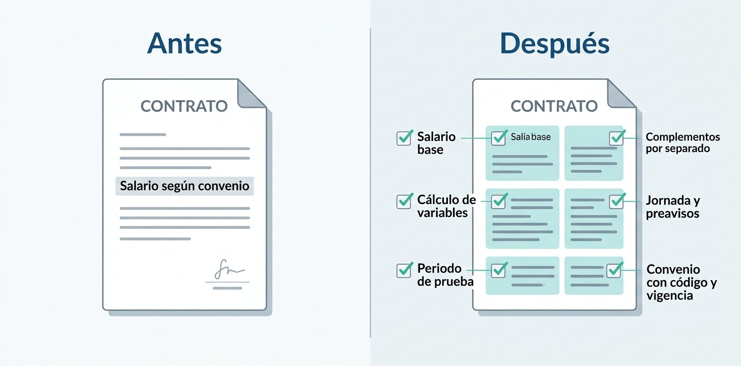 Contrato de trabajo antes y después del nuevo real decreto: salario desglosado, jornada, periodo de prueba y convenio identificado con su código