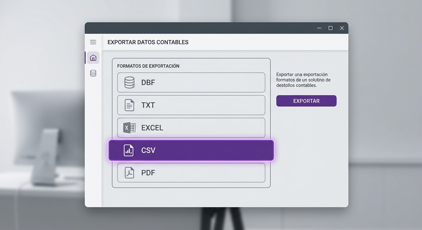 Panel de exportación de asientos contables mostrando la selección del formato Conta3 DBF y TXT