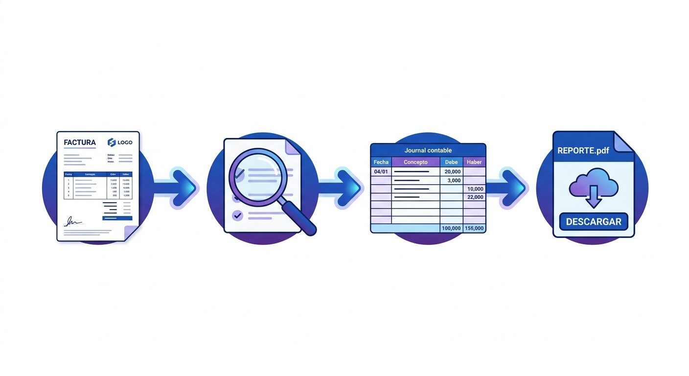Diagrama del flujo desde una factura digitalizada hasta el asiento contable propuesto y exportado en formato XDIARIO listo para importar