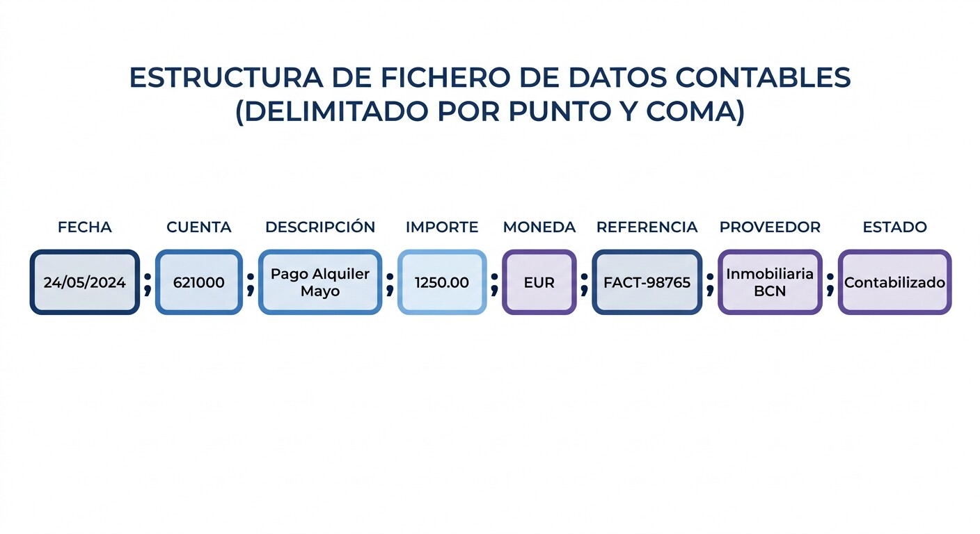 Esquema del fichero XDIARIO de ContaPlus con campos separados por punto y coma, fecha en formato AAAAMMDD y subcuenta contable