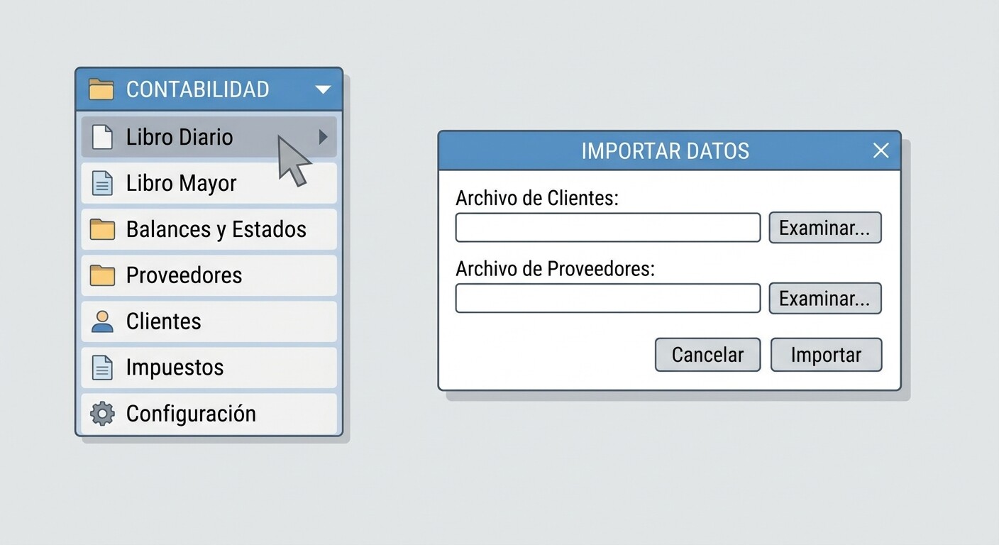 Menú de Utilidades e Importaciones de un programa contable con el asistente para importar el fichero de subcuentas y el diario de ContaPlus