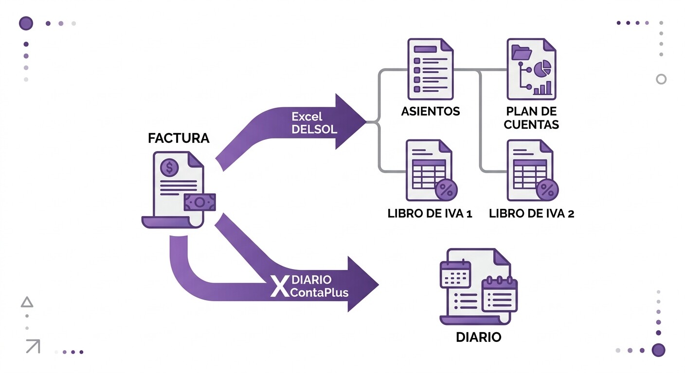 Comparativa visual de las dos vías para importar en ContaSol: paquete Excel DELSOL con libros de IVA frente a fichero XDIARIO de ContaPlus solo con el diario