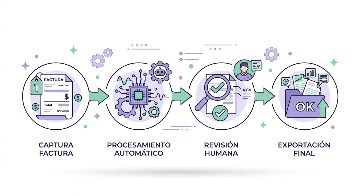 Diagrama del flujo de trabajo: factura en PDF procesada por IA, asiento propuesto, revisión del gestor y exportación al formato ContaSol Excel o XDIARIO