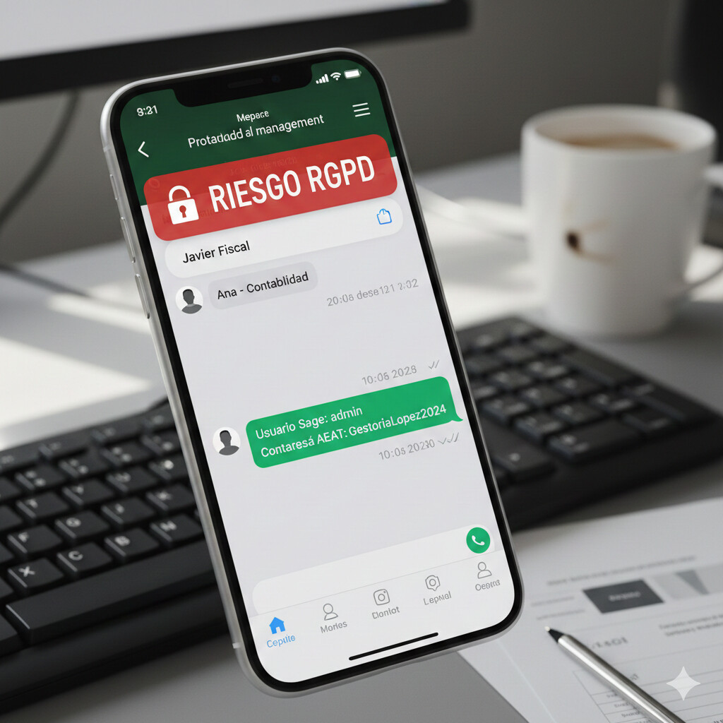 Captura de pantalla móvil mostrando conversación de WhatsApp entre empleados de gestoría compartiendo contraseñas de software Sage y acceso AEAT, con overlay de icono de alerta de seguridad y símbolo RGPD violado en rojo