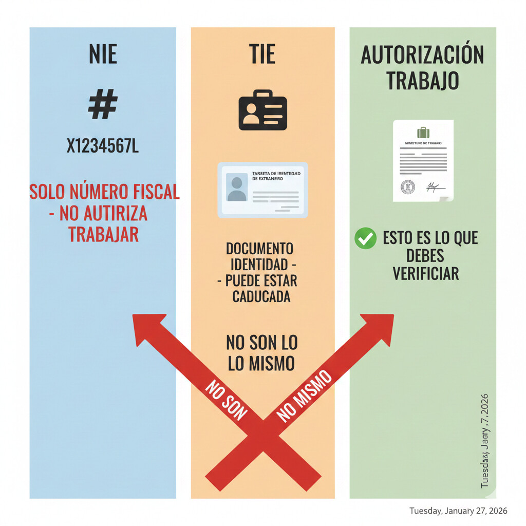 Diagrama mostrando la confusión entre NIE, TIE y autorización de trabajo, causa principal del 30% de infracciones laborales con extranjeros según Inspección de Trabajo 2025