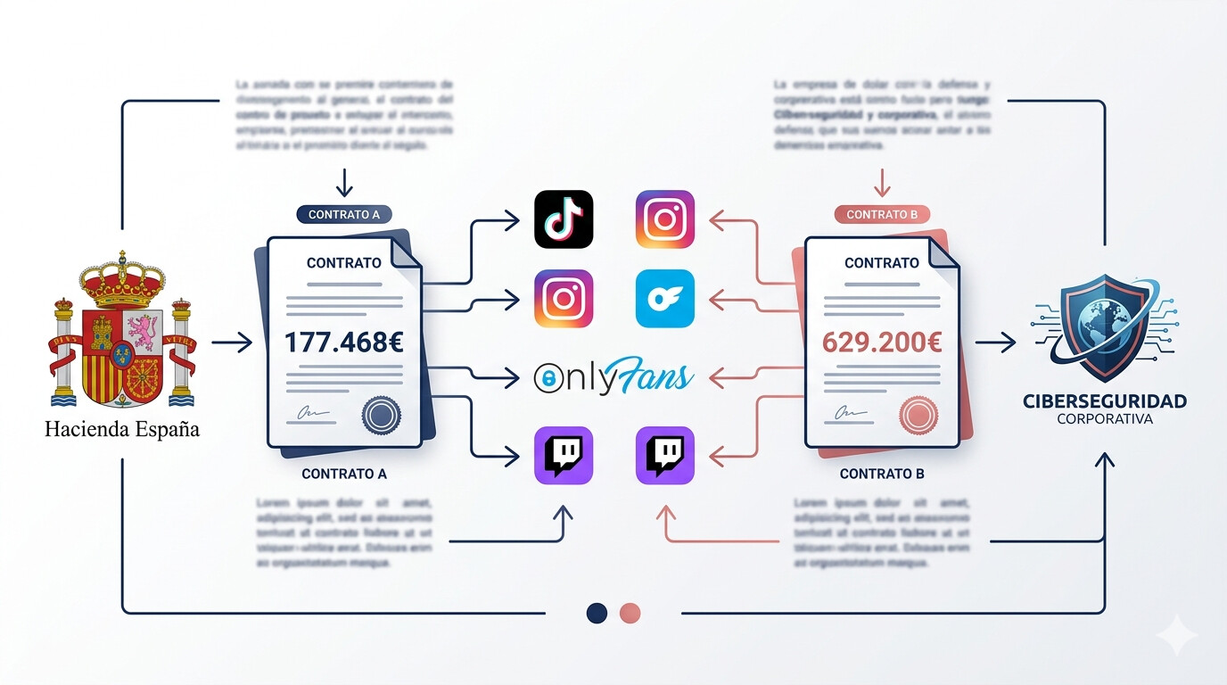 Mapa de contratos AEAT con Grupo Oesia Cipherbit para monitorización de redes sociales con perfiles falsos, importes y plazos