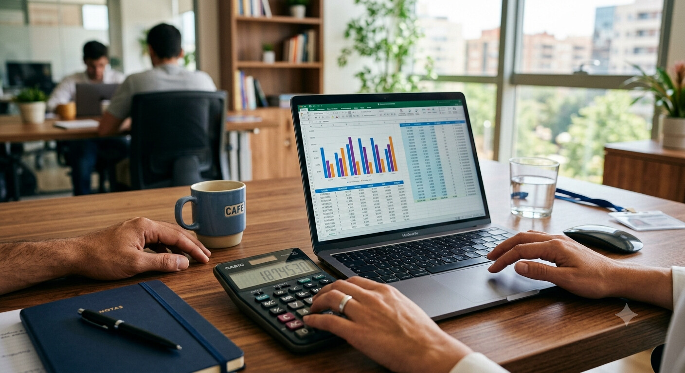 Manos usando una calculadora y un portátil con gráficos de coste laboral sobre una mesa de despacho profesional