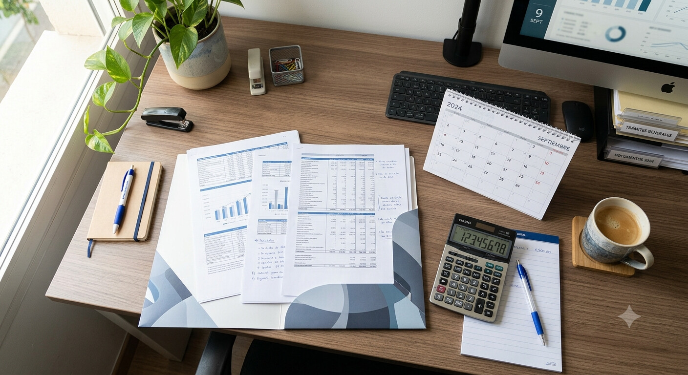 Escritorio de gestoría con documentos de tabla salarial, calculadora y calendario abierto en el mes de septiembre