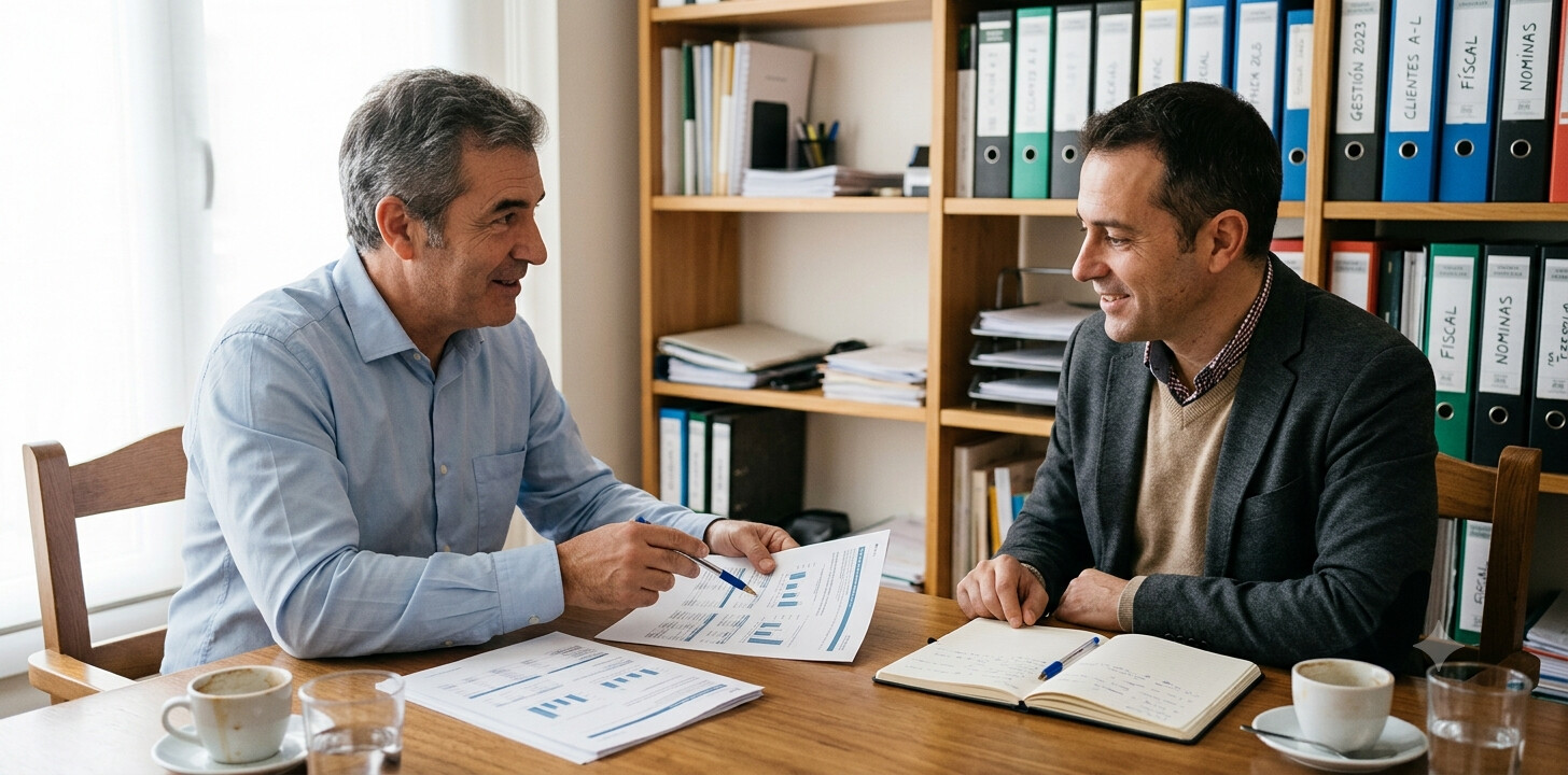 Gestor explicando a un cliente en su despacho la diferencia entre subir el precio de la iguala y definir el perímetro de servicios incluidos