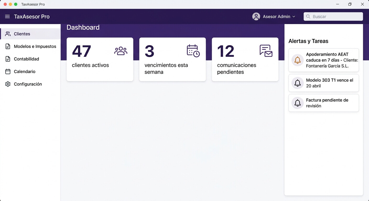 Panel de control COPILOT GESTORIA mostrando alertas de vencimientos fiscales y seguimiento automatizado de clientes para gestorías