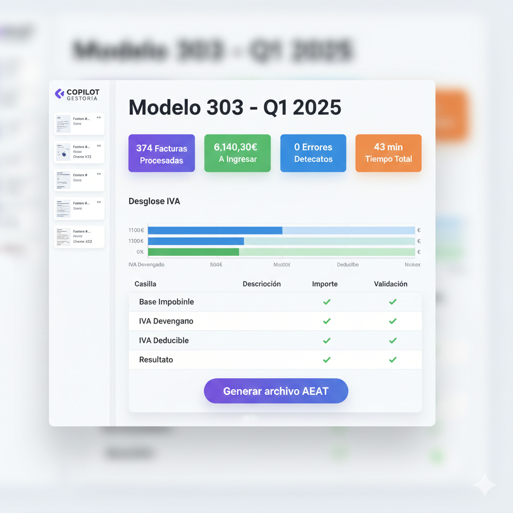 Interfaz moderna dashboard COPILOT GESTORIA mostrando resumen trimestral IVA con 374 facturas procesadas, gráficos de barras desglose por tipo IVA y tabla resumen casillas críticas