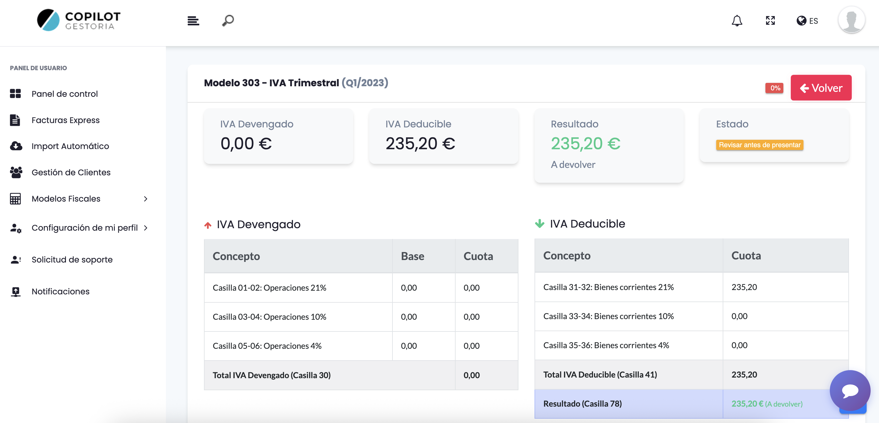 Preview dashboard COPILOT GESTORIA mostrando automatización Modelo 303, OCR facturas y chat IA clientes
