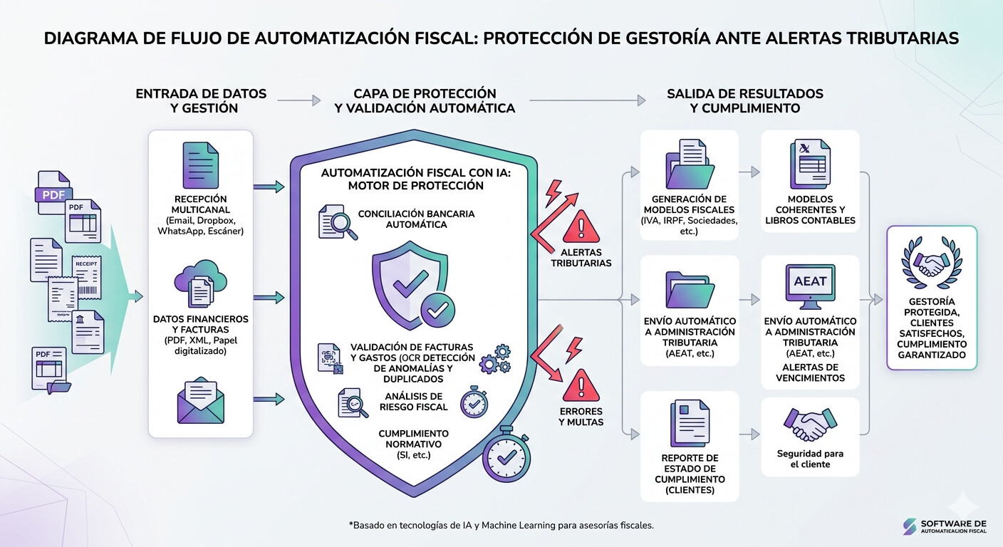 Diagrama que muestra cómo COPILOT GESTORIA automatiza la revisión de coherencia entre modelos fiscales, conciliación bancaria y validación VERIFACTU para reducir el riesgo ante el sistema HERMES de la AEAT