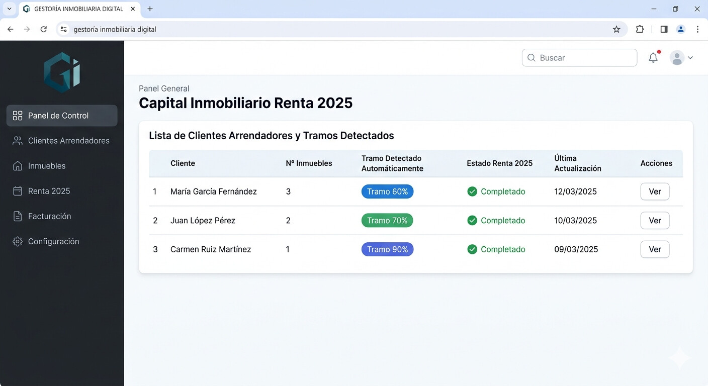 Módulo IRPF de COPILOT GESTORIA mostrando la determinación automática del tramo de reducción para clientes arrendadores en la Renta 2025