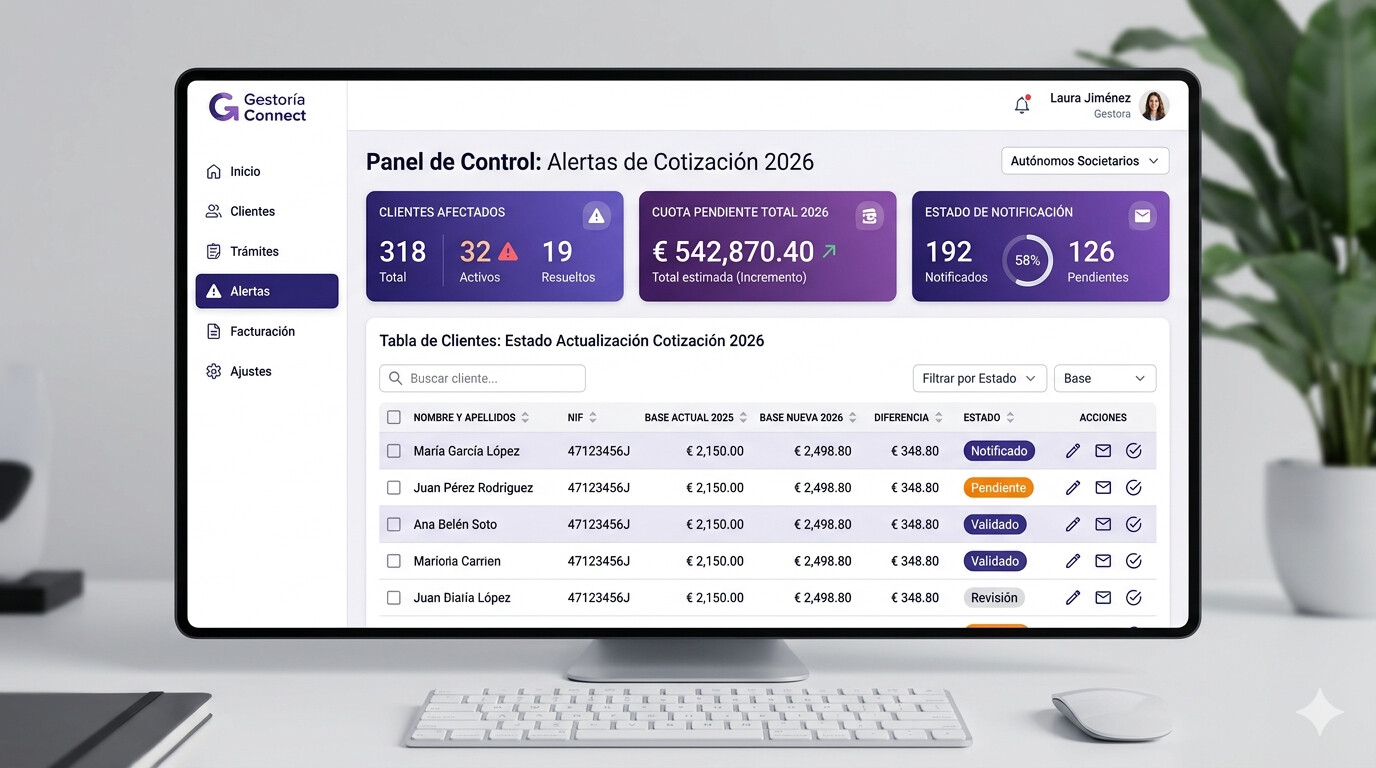 Panel de COPILOT GESTORIA mostrando el seguimiento de bases de cotización de autónomos societarios y alertas de actualización IMPORTASS