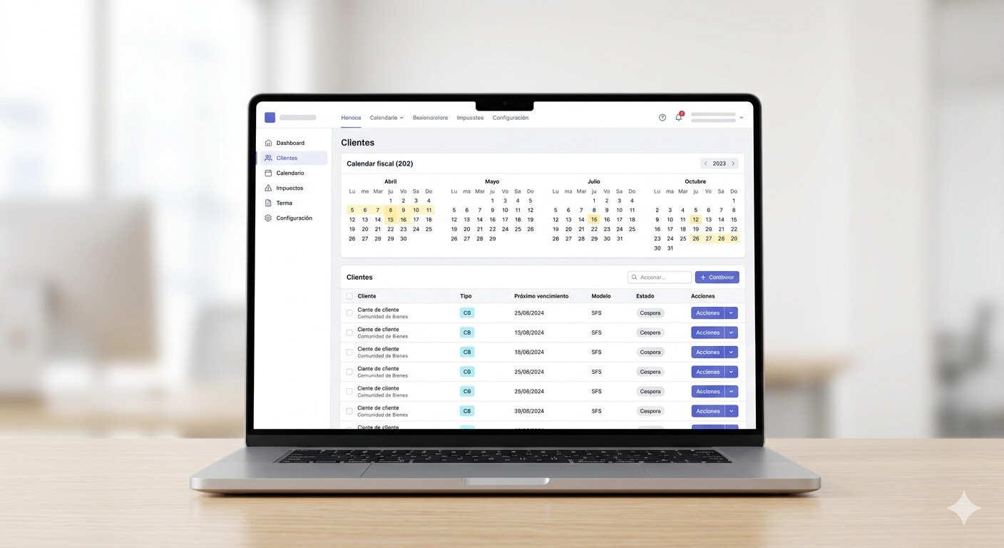 Panel de control COPILOT GESTORIA con vencimientos fiscales de comunidades de bienes - calendario automático y alertas