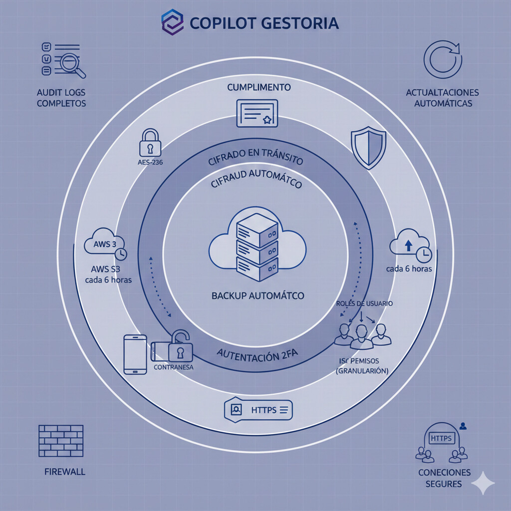 Diagrama de arquitectura de seguridad de COPILOT GESTORIA mostrando capas de protección: cifrado cifrado de nivel bancario en reposo y TLS 1.3 en tránsito, backup automático AWS S3 cada 6 horas, autenticación 2FA nativa, roles granulares, audit logs completos, cumplimiento RGPD y ENS, con iconos de certificación y badges de seguridad