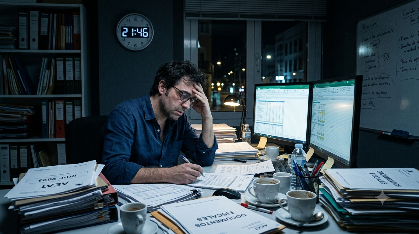 Gestor revisando pilas de facturas y carpetas acumuladas por falta de personal en una asesoría fiscal