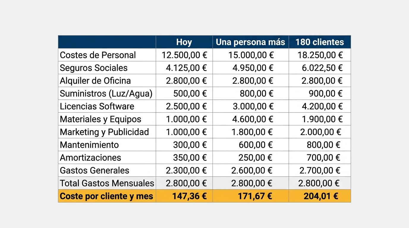 Hoja de cálculo con el coste del software por cliente y mes de una gestoría en tres escenarios: cartera actual, nueva contratación y crecimiento