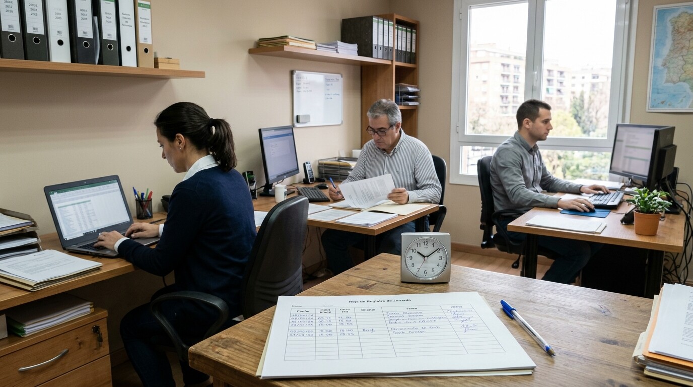 Equipo de una gestoría anotando el tiempo dedicado a tareas manuales por cliente durante una semana de medición