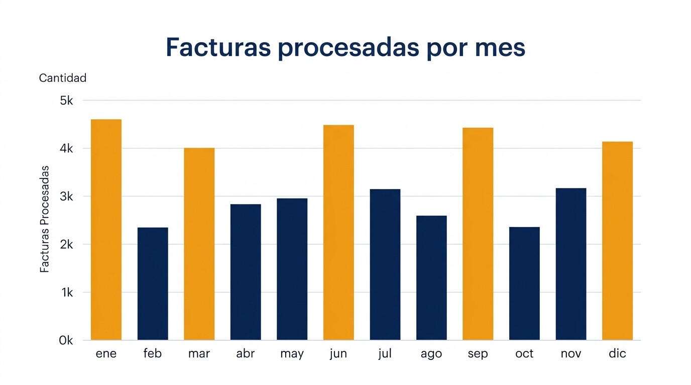 Gráfico del volumen de facturas de una gestoría a lo largo del año con picos en enero y en el último mes de cada trimestre