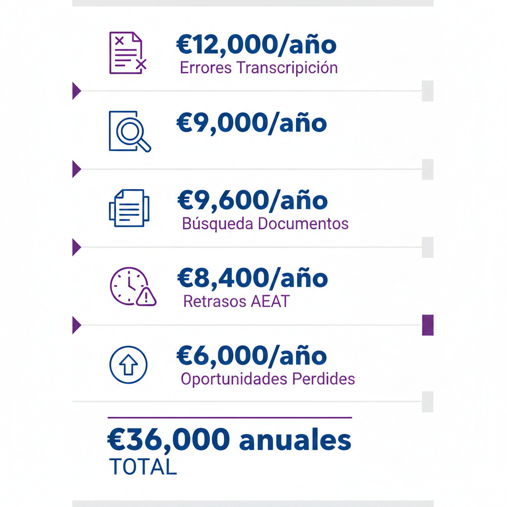 Infografía mostrando los 5 costes ocultos de procesos manuales en gestorías: errores transcripción €12K, búsqueda documentos €9.6K, retrasos AEAT €8.4K, oportunidades perdidas €6K, total €36K anuales