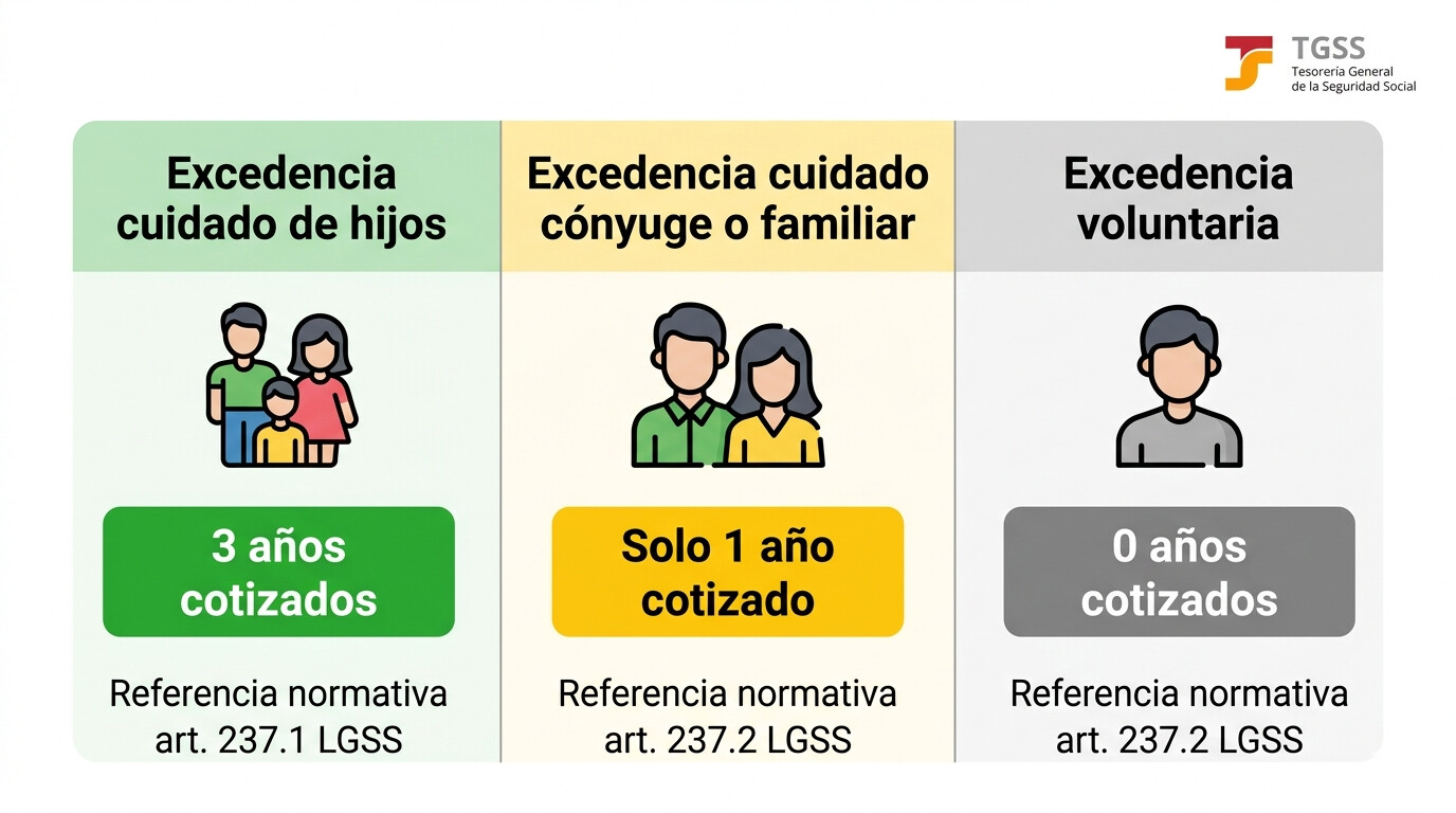 Tabla comparativa cotización Seguridad Social en excedencia por hijos, por familiar/cónyuge y excedencia voluntaria España 2026