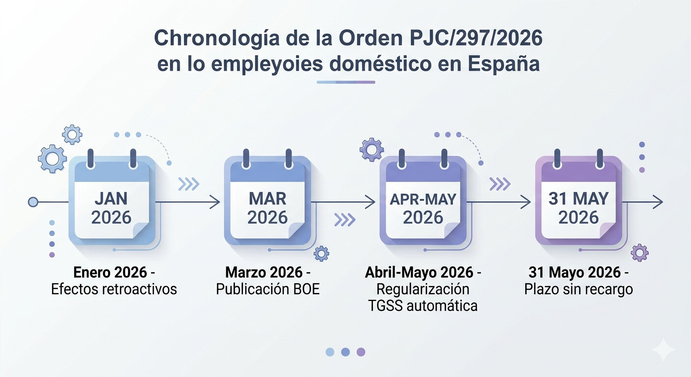 Cronología plazos Orden PJC/297/2026 empleados hogar: publicación 31 marzo, regularización automática enero-febrero TGSS, plazo gestoría marzo-mayo 2026
