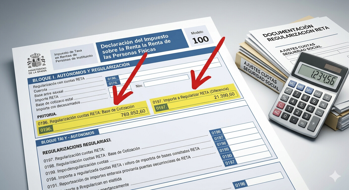Captura esquemática de las casillas 0196 y 0197 de la declaración del IRPF Renta 2025 correspondientes a la regularización de cuotas del RETA. Estas casillas son nuevas en la campaña 2026 y muchos autónomos no saben que deben rellenarlas.