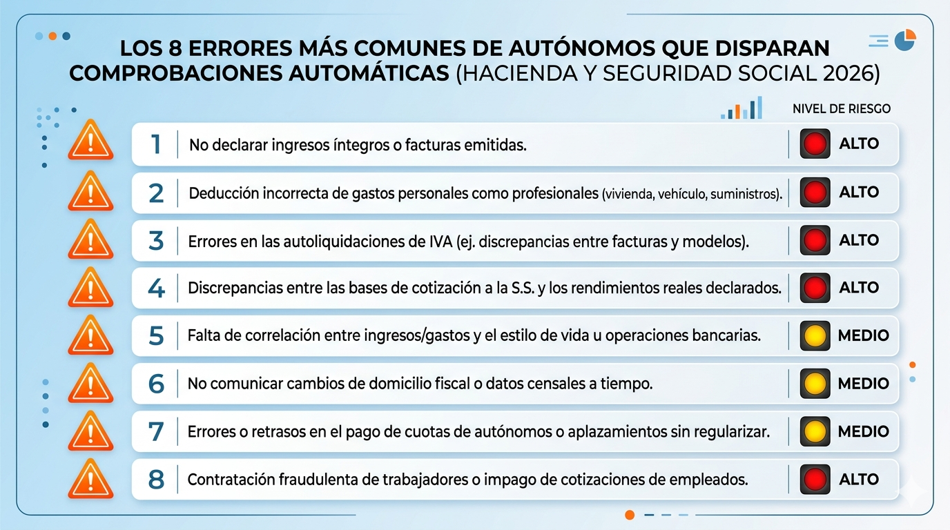 Tabla resumen de los 8 errores que disparan una comprobación automática en el cruce de datos Hacienda-Seguridad Social 2026: tramo incorrecto, dividendos societarios, pluriactividad, Bizum, CNAE, módulos, casillas IRPF y plazo audiencia.