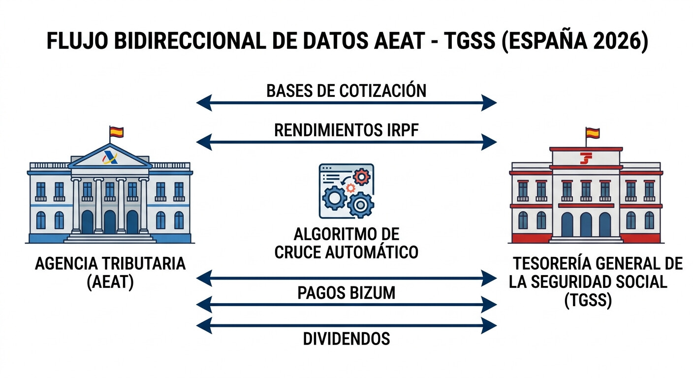 Diagrama de flujo bidireccional entre la Agencia Tributaria (AEAT) y la Tesorería General de la Seguridad Social (TGSS) con los tipos de datos que se intercambian mensualmente desde 2026.