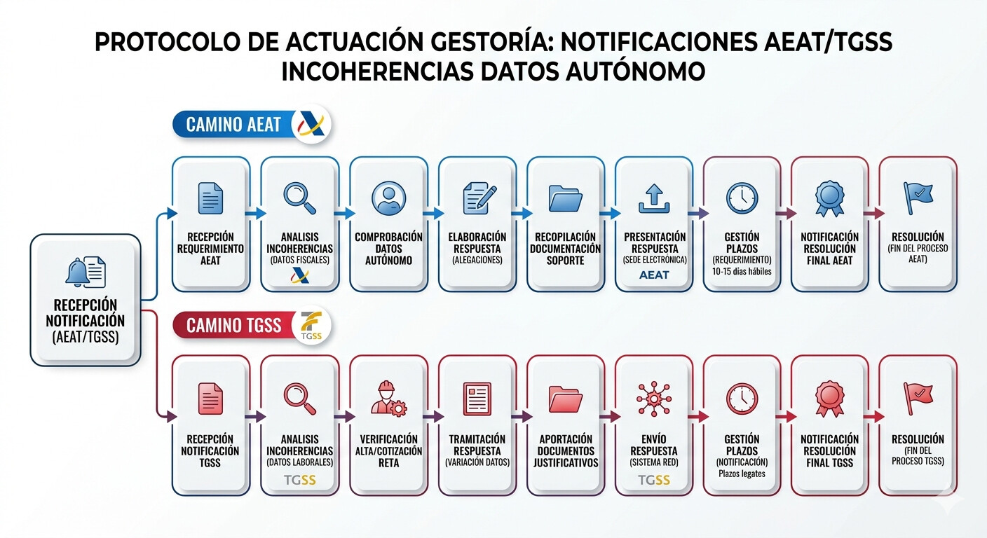 Diagrama de árbol de decisión para gestorías cuando reciben una notificación AEAT o TGSS: tipo de notificación, plazo de respuesta, canal de actuación (CASIA o sede AEAT), documentación necesaria y opciones de resolución.