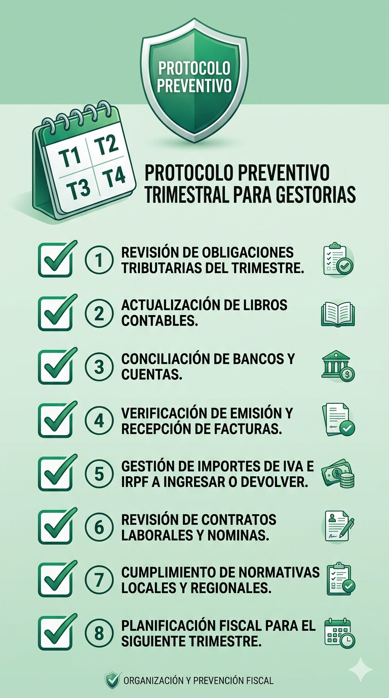 Calendario visual del protocolo preventivo trimestral para gestorías: enero (revisión tramos cotización y casillas RETA), abril (conciliación Bizum/TPV antes de Renta), julio (revisión módulos y CNAE), octubre (actualización bases cotización y pluriactividad). Protocolo COPILOT GESTORIA.