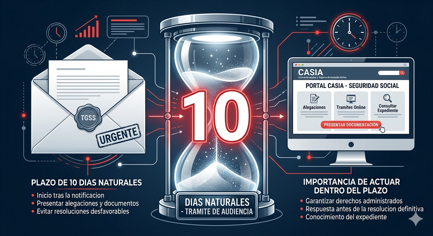 Esquema visual del proceso de notificación de regularización RETA por parte de la Seguridad Social: aviso informativo inicial (sin plazo), notificación oficial de trámite de audiencia (10 días naturales para actuar) y resolución automática si no se responde. Canal CASIA-Regularización RETA para gestorías con acceso RED.