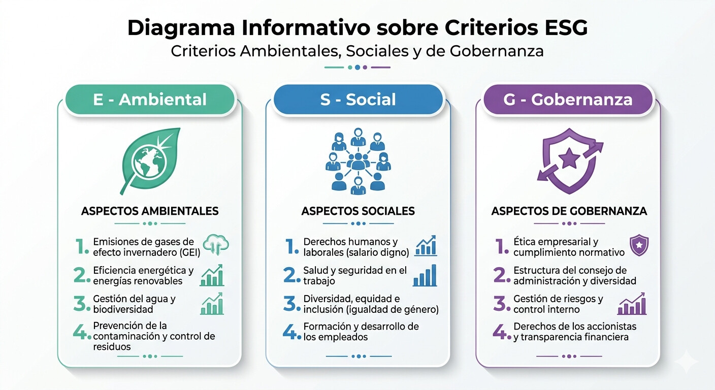 Diagrama con los tres bloques del cuestionario ESG para proveedores pyme: Ambiental (E), Social (S) y Gobernanza (G), con los indicadores principales de cada bloque