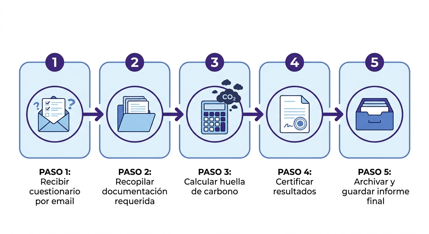 Lista de verificación con los pasos para que una gestoría ayude a su cliente pyme a responder un cuestionario ESG: identificar, recopilar datos, calcular huella, documentar políticas y presentar