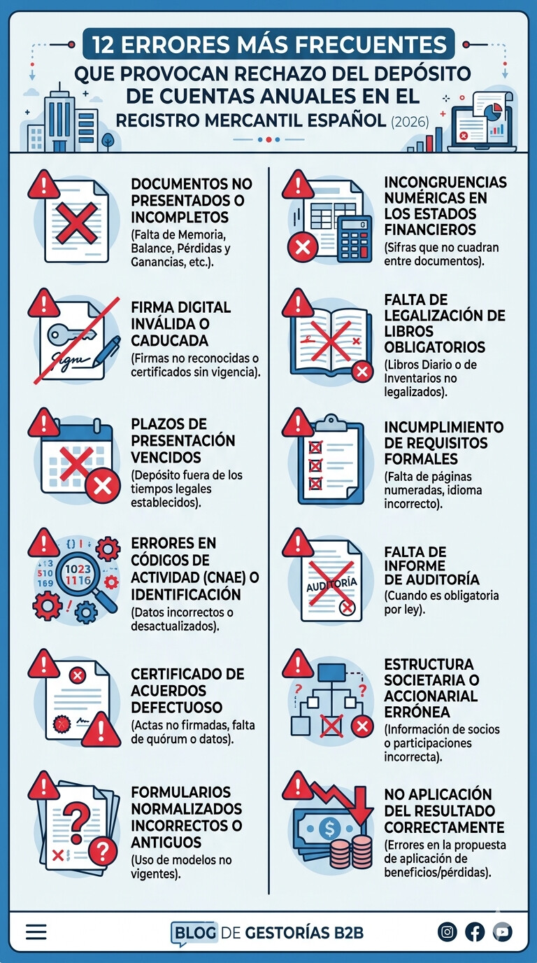 Infografía con los 12 errores más frecuentes en el depósito de cuentas anuales que generan rechazo en el Registro Mercantil