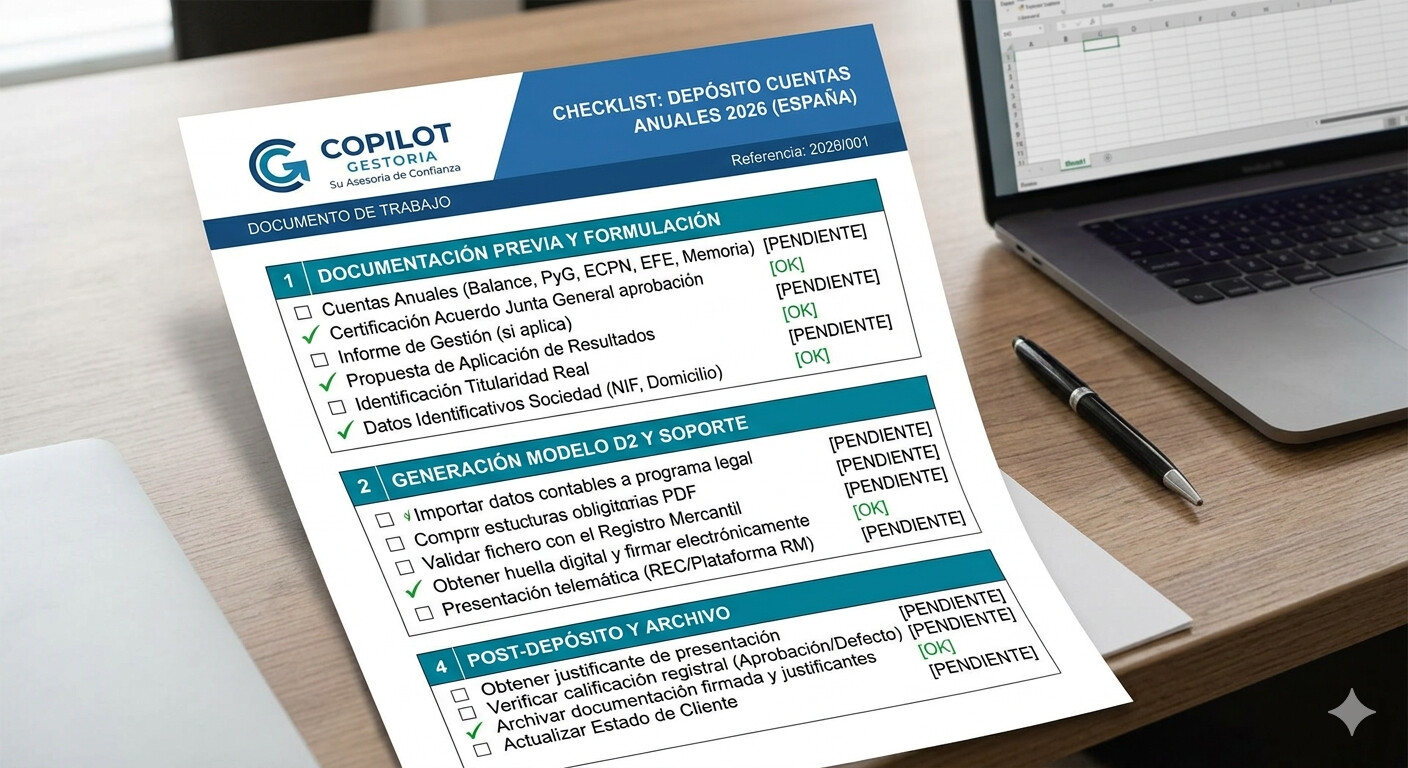 Vista previa del protocolo de verificación de cuentas anuales 2026 organizado en 4 bloques: documentación previa, generación D2, validación y post-depósito