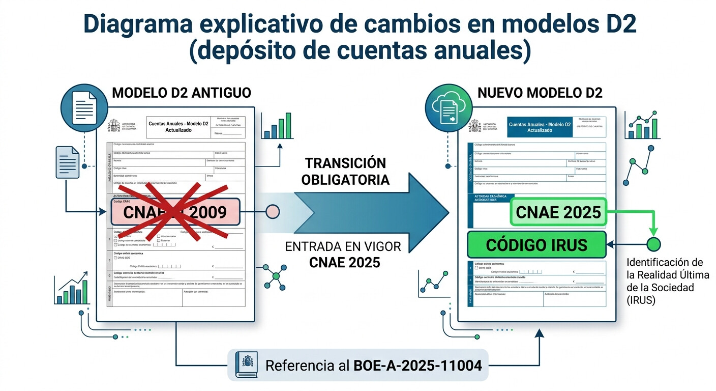 Diagrama explicativo del cambio de modelos de cuentas anuales 2025: nueva casilla CNAE 2025 y código IRUS obligatorio en el programa D2