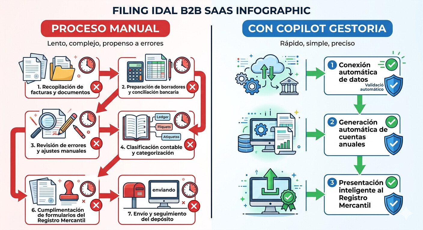 Comparativa visual: flujo manual de depósito de cuentas anuales con 12 puntos de fallo vs flujo automatizado con COPILOT GESTORIA con validación en cada paso