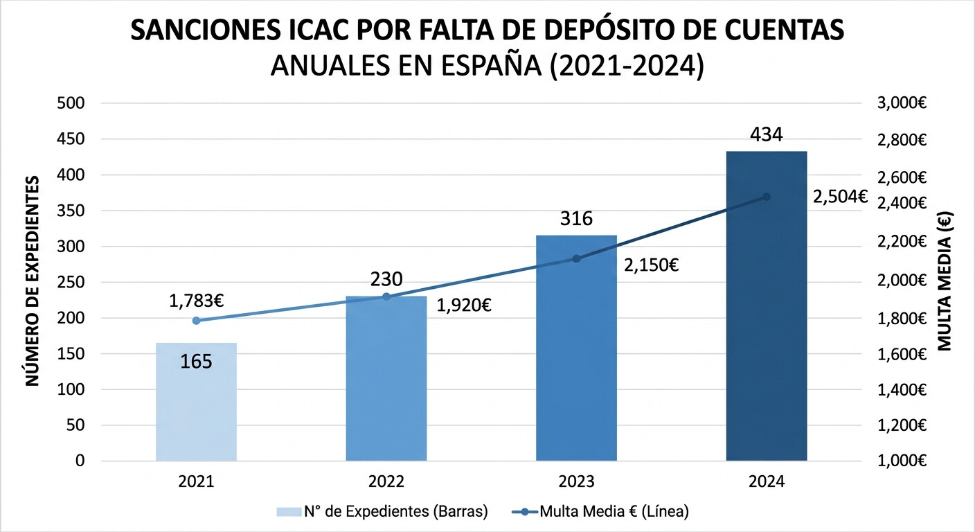 Gráfico de barras que muestra la evolución de expedientes sancionadores ICAC de 2021 a 2024: 165, 225, 316 y 434 expedientes respectivamente