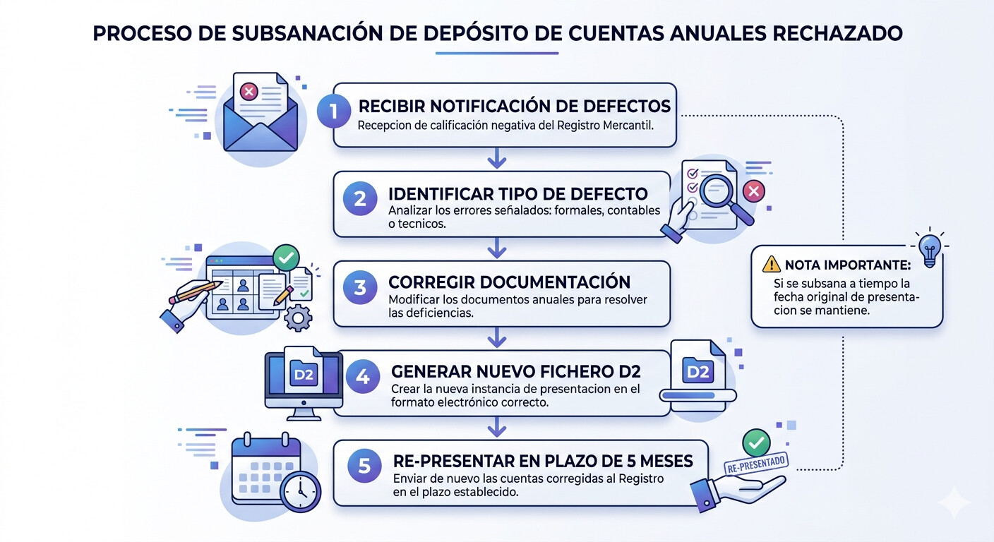 Diagrama de flujo del proceso de subsanación de un depósito de cuentas anuales rechazado por el Registro Mercantil: 5 meses, pasos y documentación