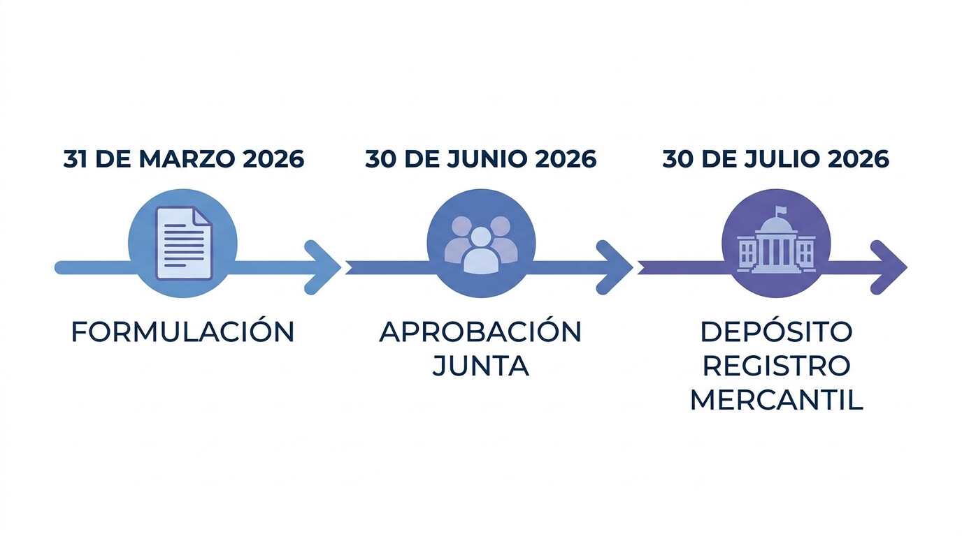 Infografía con el timeline de plazos de cuentas anuales 2026: formulación 31 marzo, aprobación 30 junio, depósito 30 julio