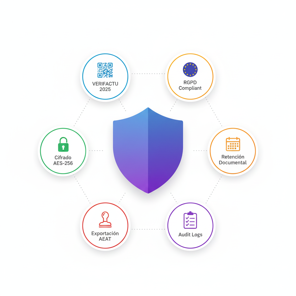 Infografía de cumplimiento normativo: VERIFACTU 2025, RGPD, retención documental, exportación AEAT