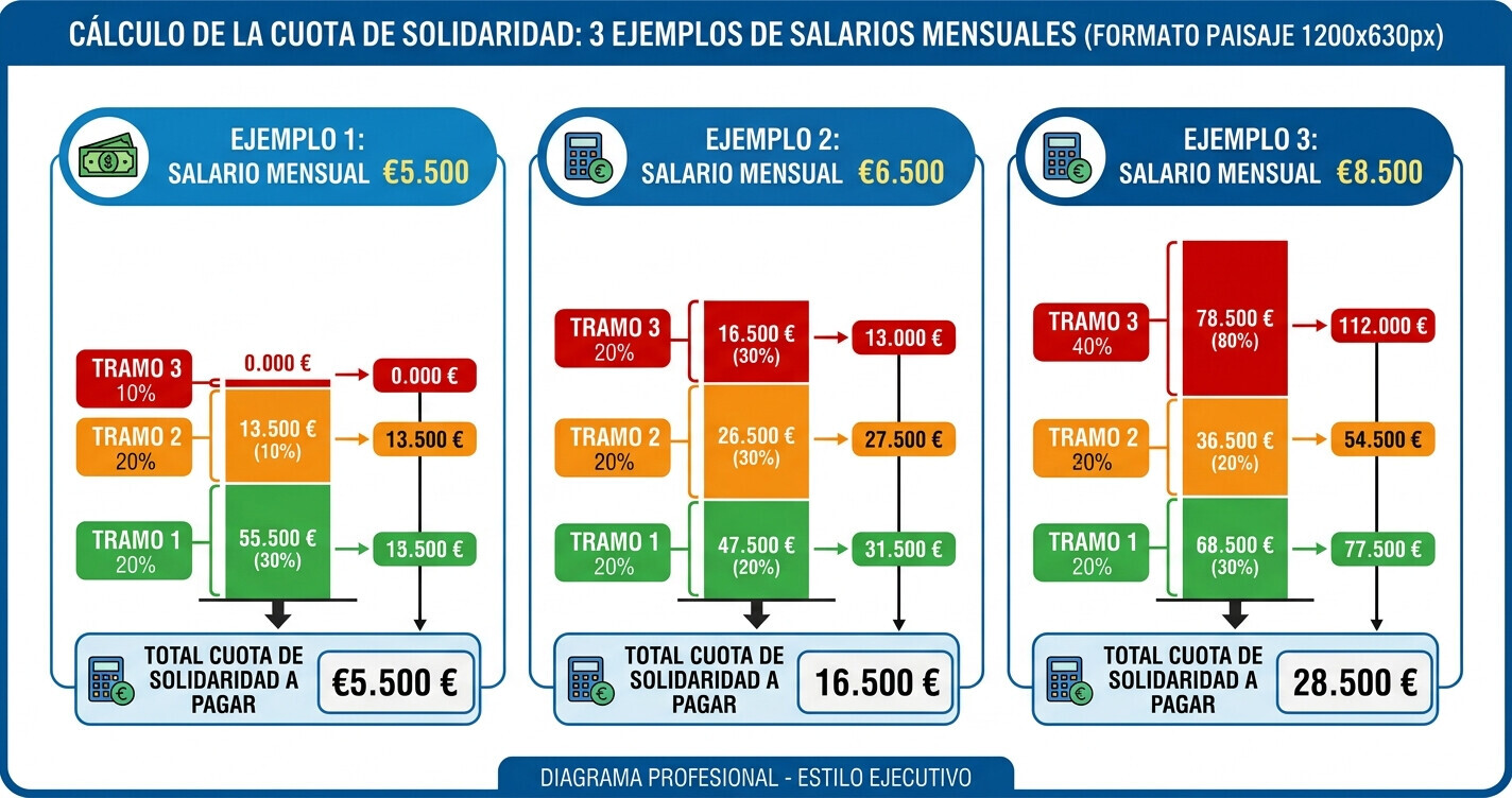 Gráfico de línea con la proyección de los tipos de la cuota de solidaridad por tramos desde 2023 hasta 2045 según la Ley 21/2021 de reforma de pensiones