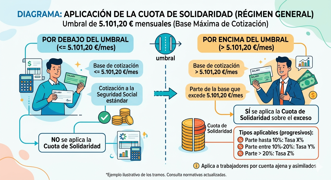 Diagrama que muestra el umbral de 5.101,20 euros mensuales a partir del cual aplica la cuota de solidaridad en el Régimen General