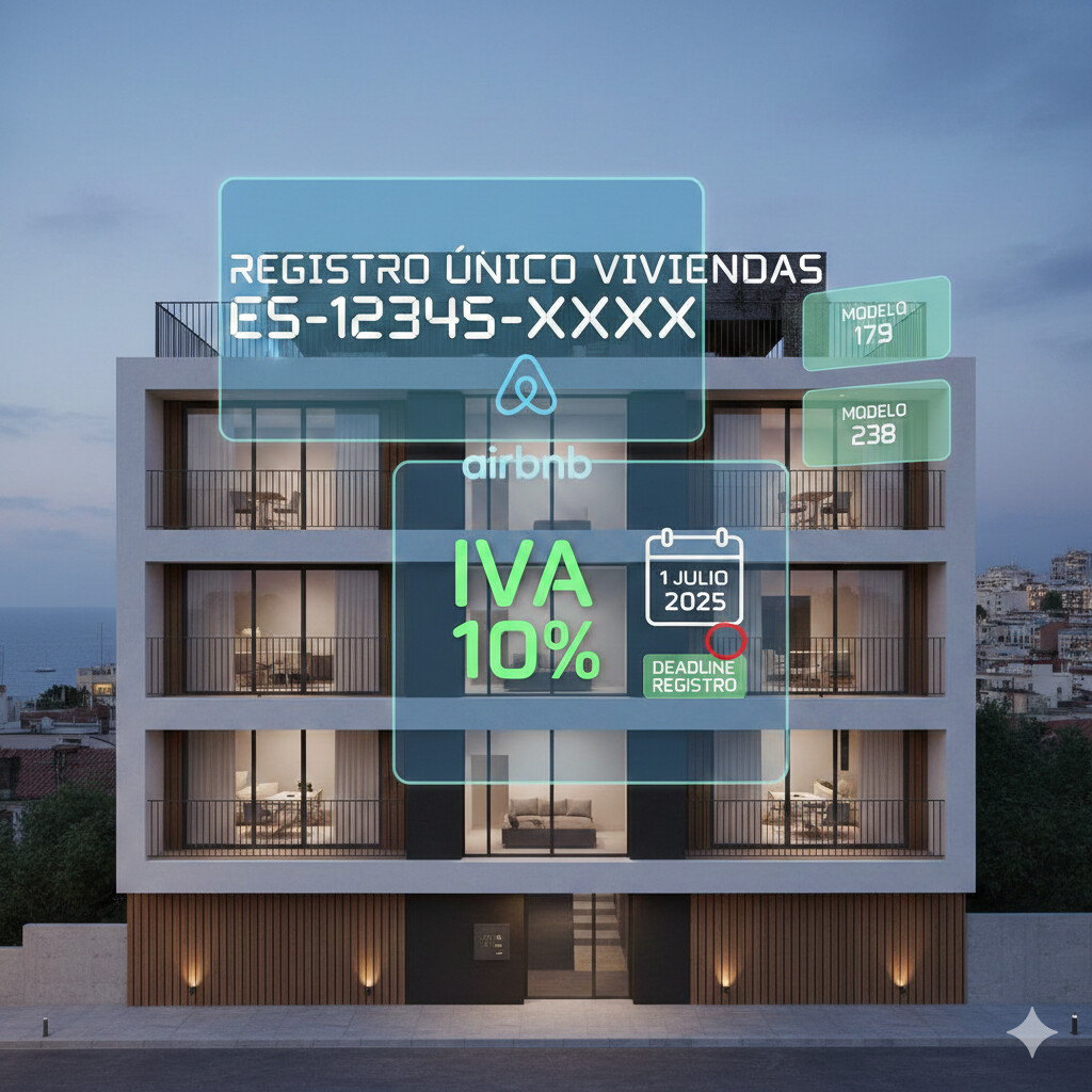 Imagen conceptual de una vivienda turística con símbolos del Registro Único (código numérico), plataforma Airbnb, y documentos fiscales IRPF e IVA, ilustrando las nuevas obligaciones 2025
