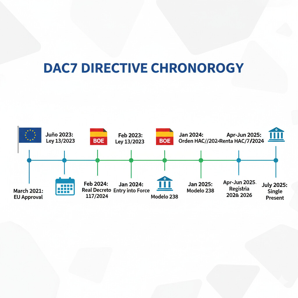 Línea temporal de la Directiva DAC7 desde su aprobación en marzo 2021 hasta su implementación completa en España en 2024, mostrando hitos clave como la Ley 13/2023 y el Real Decreto 117/2024