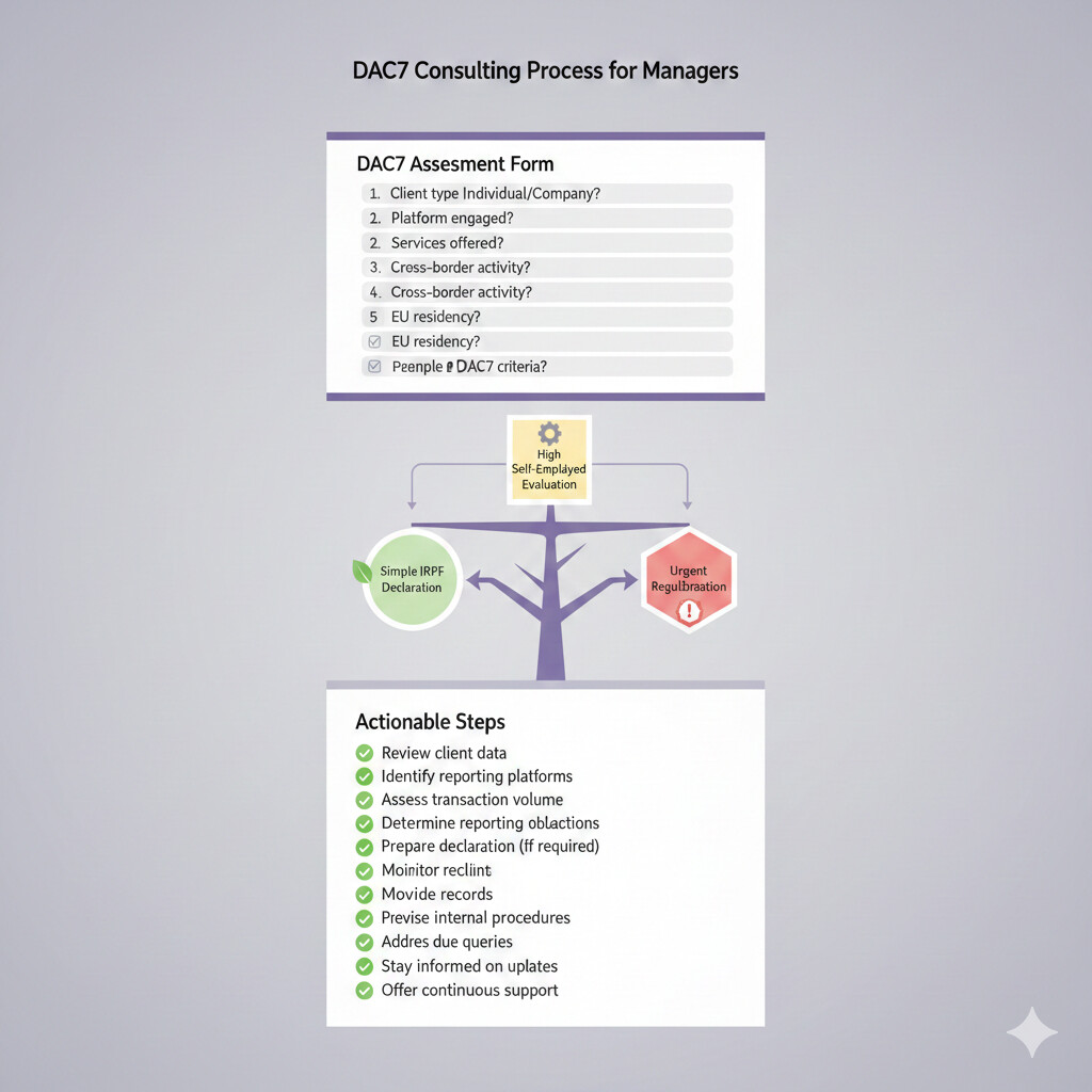 Infografía de proceso de asesoramiento DAC7 para gestorías: formulario de 10 preguntas iniciales, árbol de decisión según respuestas, y acciones recomendadas (declaración simple, alta autónomo, regularización)